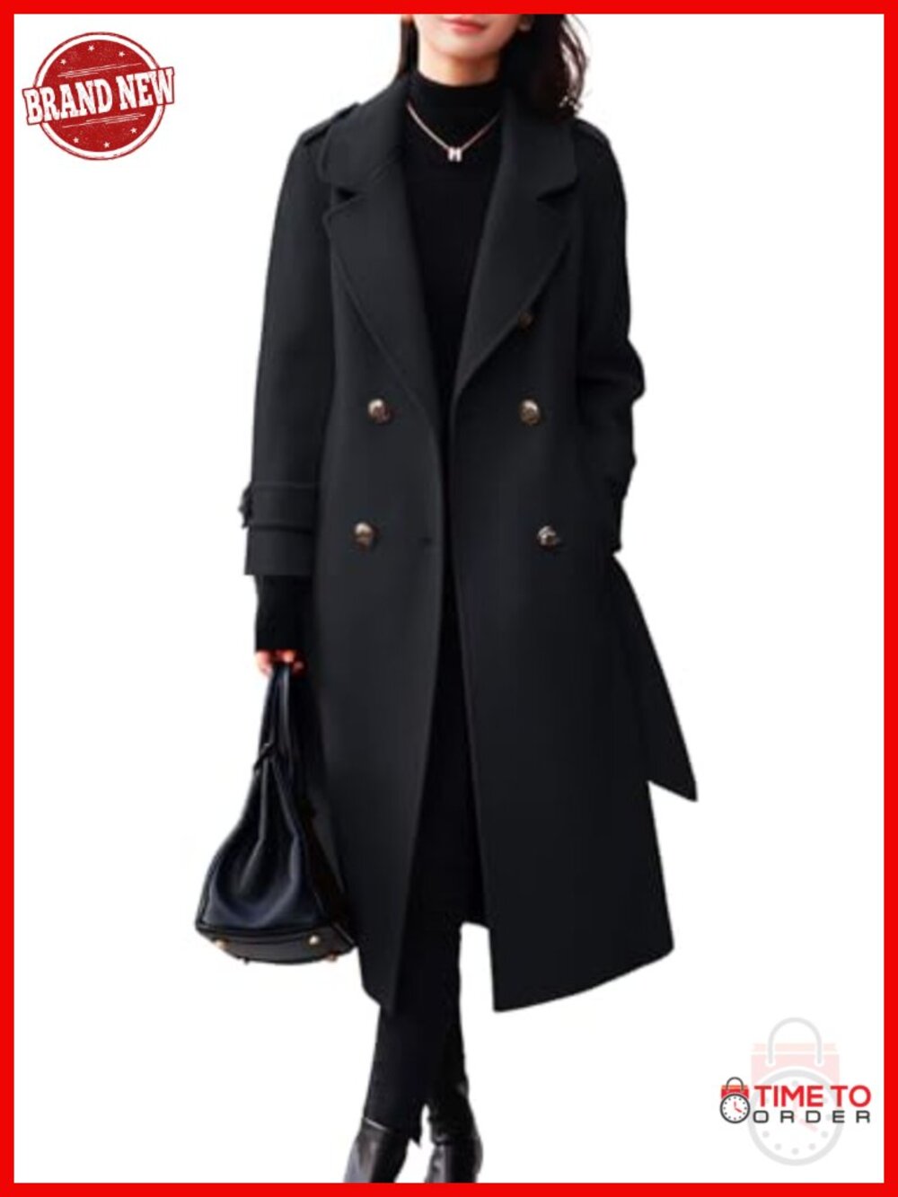 Women's Belted Wool Blend Peacoat Double Breasted Midi Winter Coat